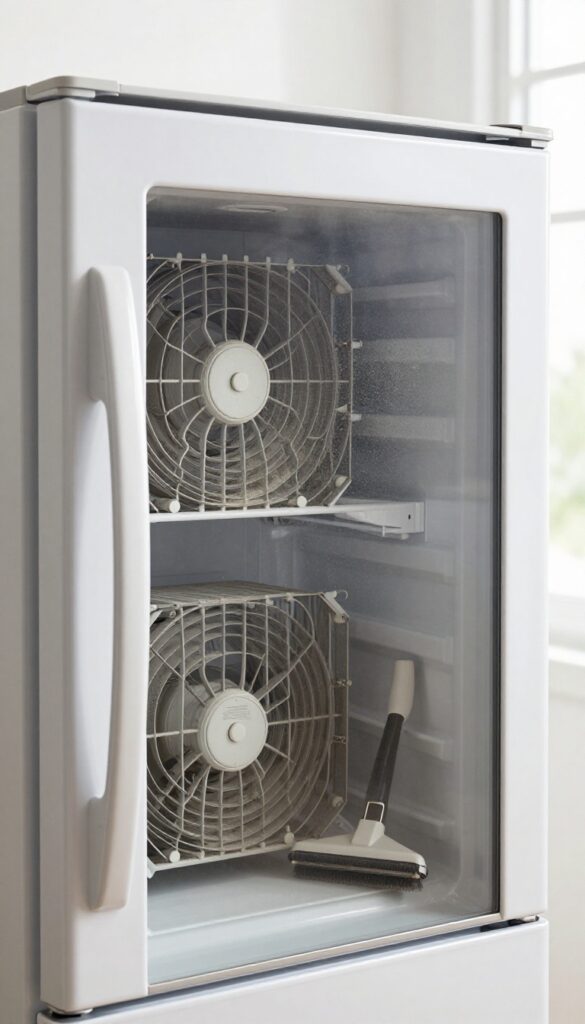 Cleaning refrigerator coils with a vacuum brush attachment to improve energy efficiency.
