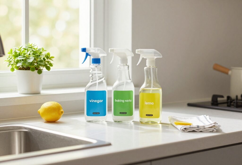 Natural cleaning products on a kitchen counter including vinegar, baking soda, and lemon in glass bottles with a microfiber cloth and plant.