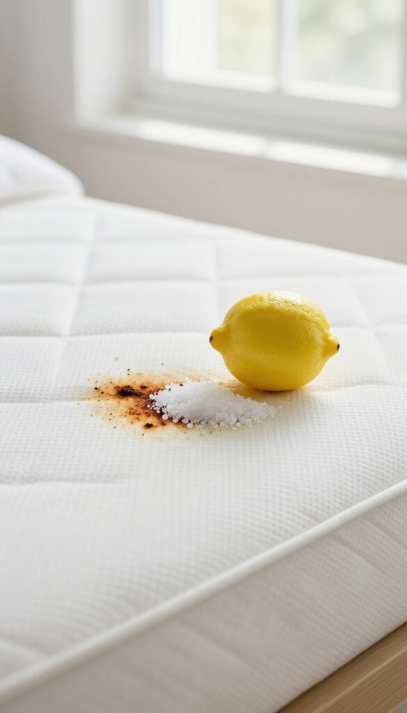 Cleaning rust stain on mattress with lemon juice and salt in bright sunlight