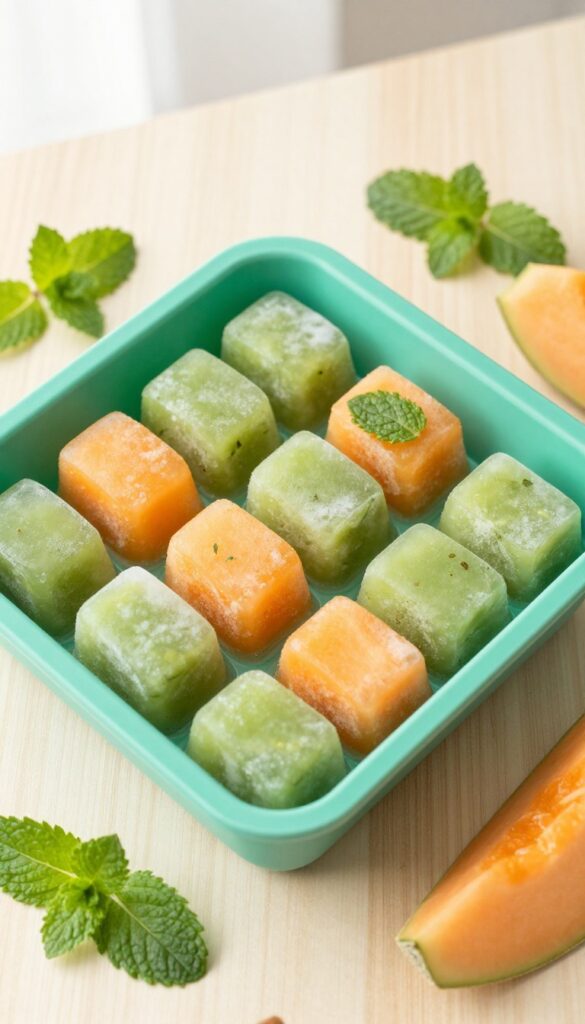 Homemade frozen dog treats: cantaloupe and mint cubes in a silicone ice cube tray on a wooden countertop, with fresh mint leaves and a slice of cantaloupe nearby.