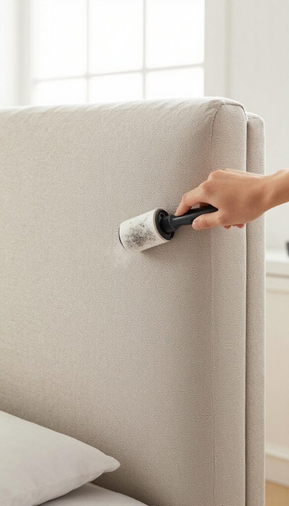 Person cleaning a fabric headboard with a lint roller in a bright bedroom