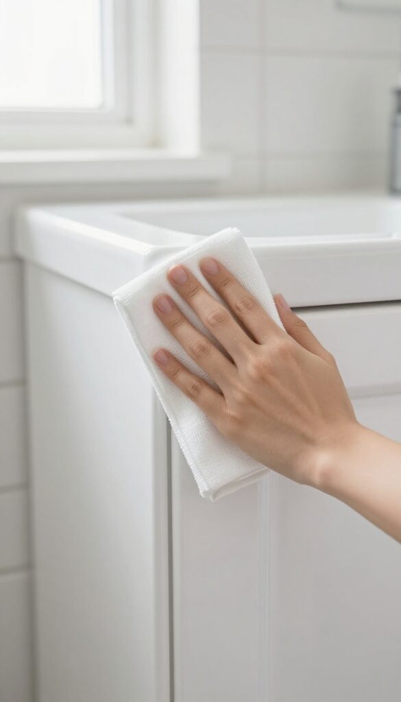 A person wiping a clean white baseboard and door frame in a bright bathroom.