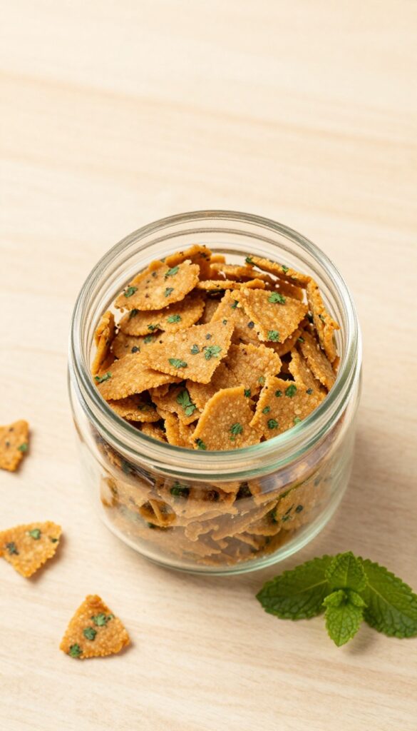 Homemade dry dog breath freshener patties made with sardines and parsley, stored in a glass jar on a wooden table.
