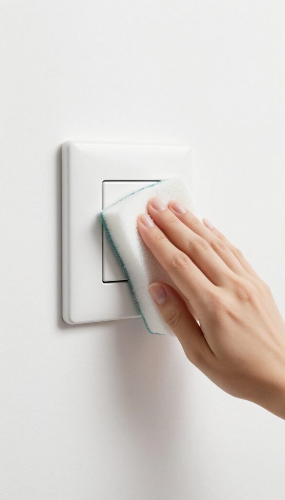 Hand wiping a light switch plate with a sponge on a clean white wall