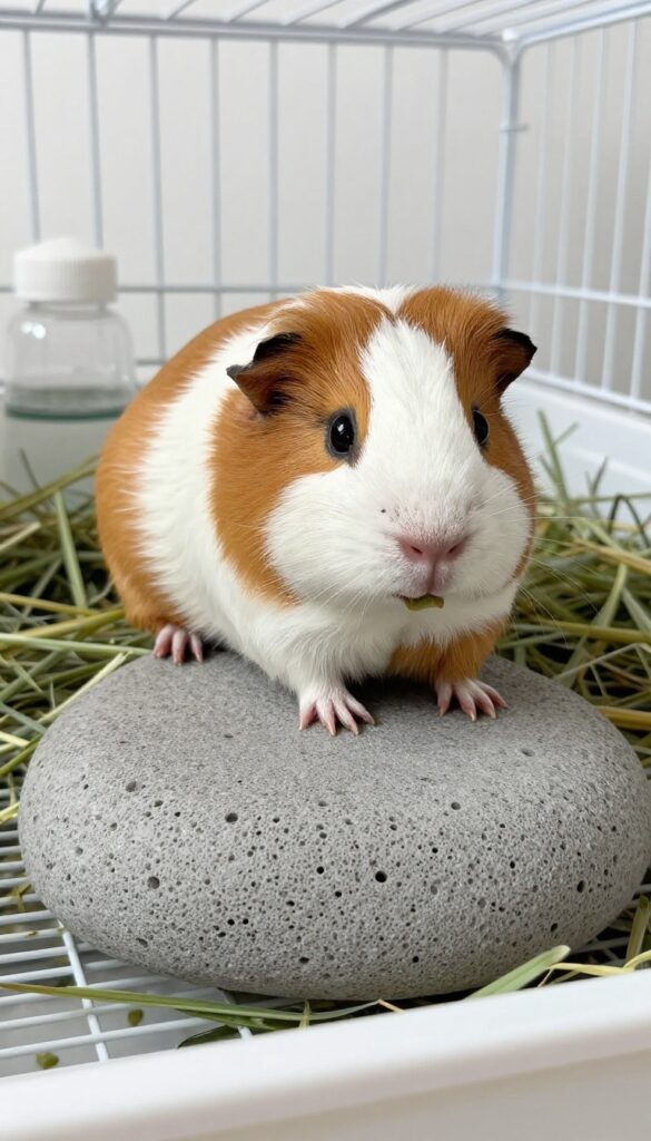 Guinea pig climbing and chewing on a pumice lava ledge attached to cage bars