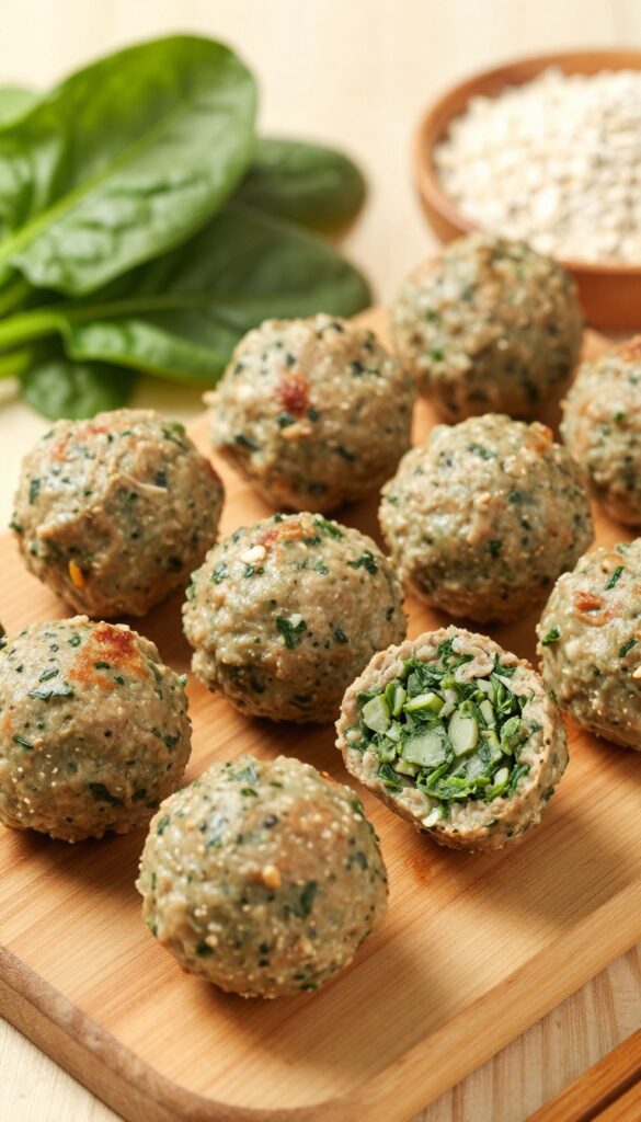 Homemade beef and spinach green meatballs for dogs, arranged on a wooden board with fresh spinach and oat flour, photorealistic pet food photography.