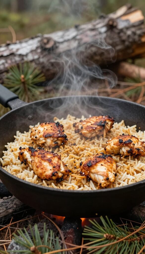 Homemade chicken and rice campfire patties for dogs cooking in a skillet over a campfire, with steam and natural outdoor lighting.