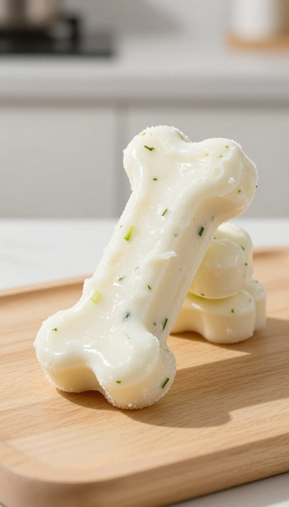 Frozen zucchini and yogurt pupsicle in bone shape on wooden surface, homemade dog treat