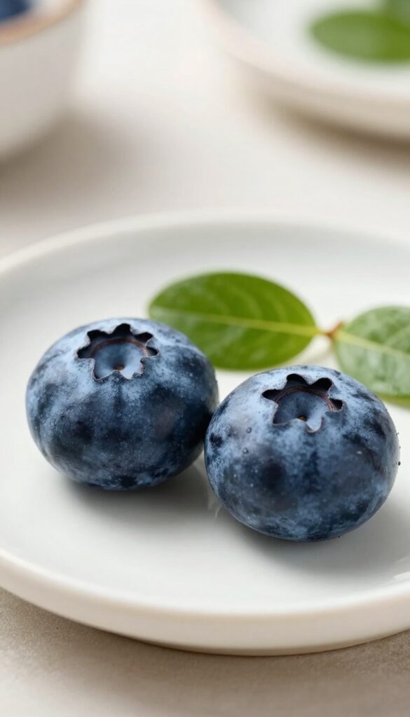 Fresh blueberries on a saucer with a green leaf, photorealistic, bright natural light, clean composition.