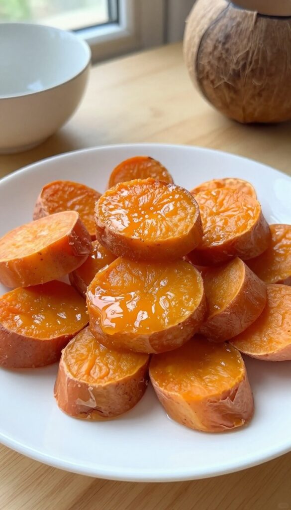 Soft homemade sweet potato and coconut chews for dogs, arranged on a white plate in natural light.