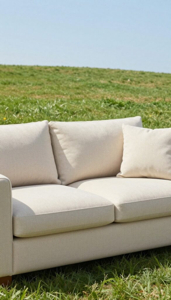 Couch cushions sunning on a grassy lawn under bright sunlight for natural deodorizing and softening