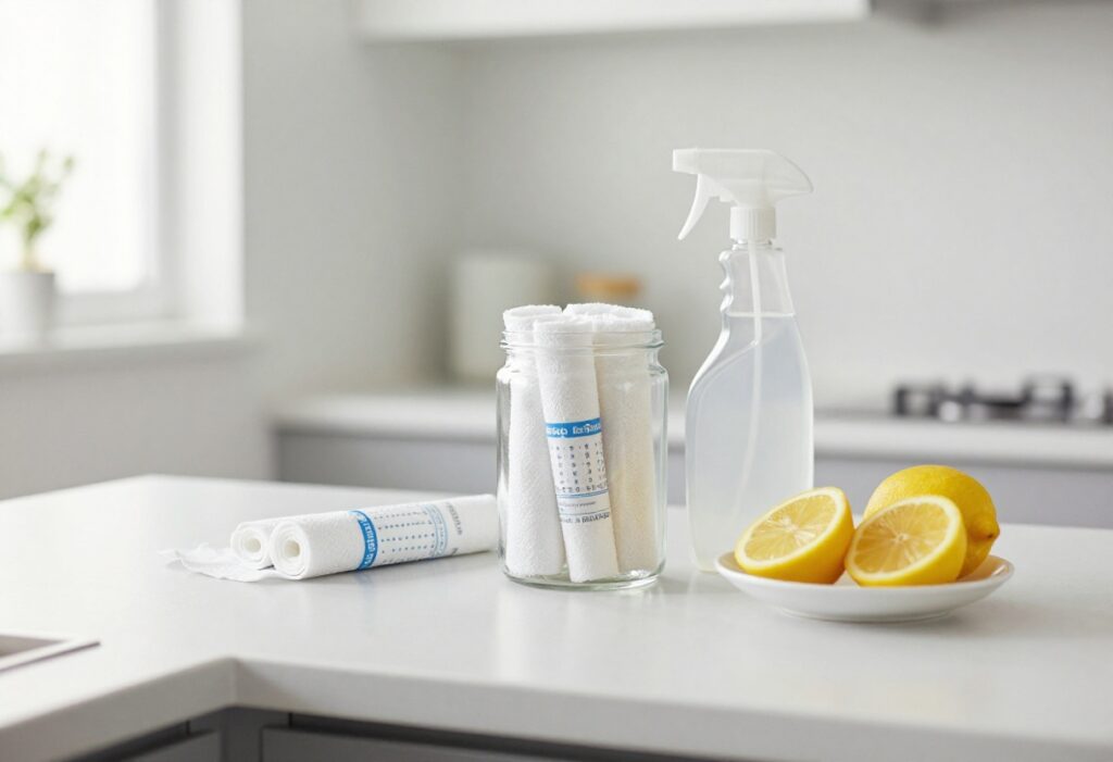 Homemade cleaning wipes in a jar on a kitchen counter with lemon slices and a spray bottle