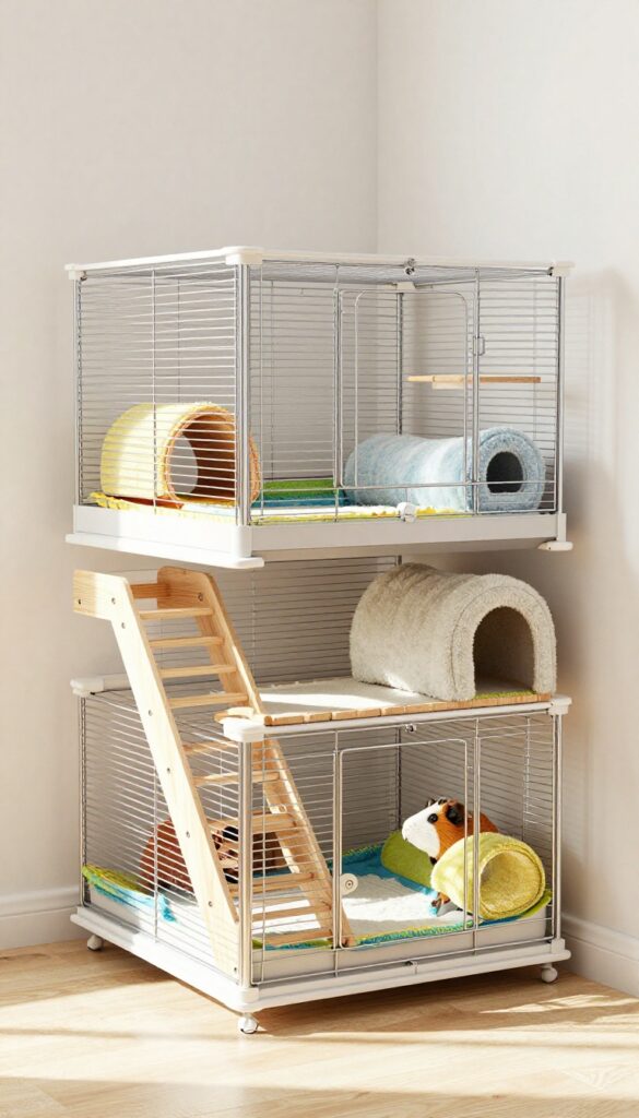 Multi-level guinea pig cage with tunnels and hideaways in a bright room