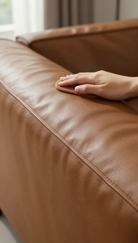 Hand buffing a conditioned leather couch, showing hydrated texture and soft sheen in natural light.