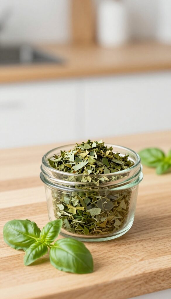 Homemade basil crumble dog food topper in a glass jar on a wooden counter with fresh basil sprigs, natural lighting, pet-blog photography.