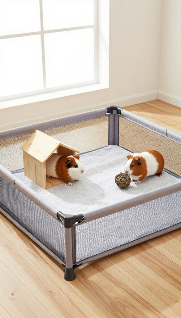 Guinea pigs playing in a pop-up playpen with waterproof base, fleece liner, and toys in a sunny room.