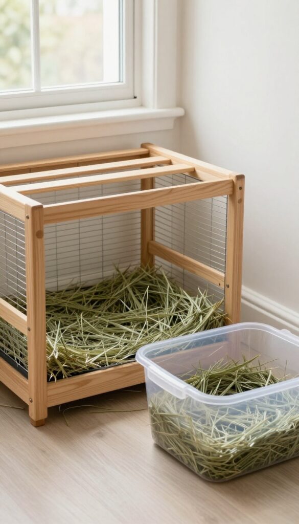 Dedicated hay storage area with a hay rack and bulk storage bin in a clean guinea pig room