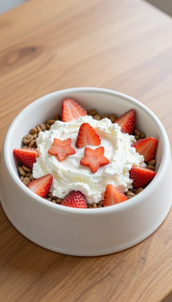 Dog bowl with kibble topped with cottage cheese and strawberry star shapes