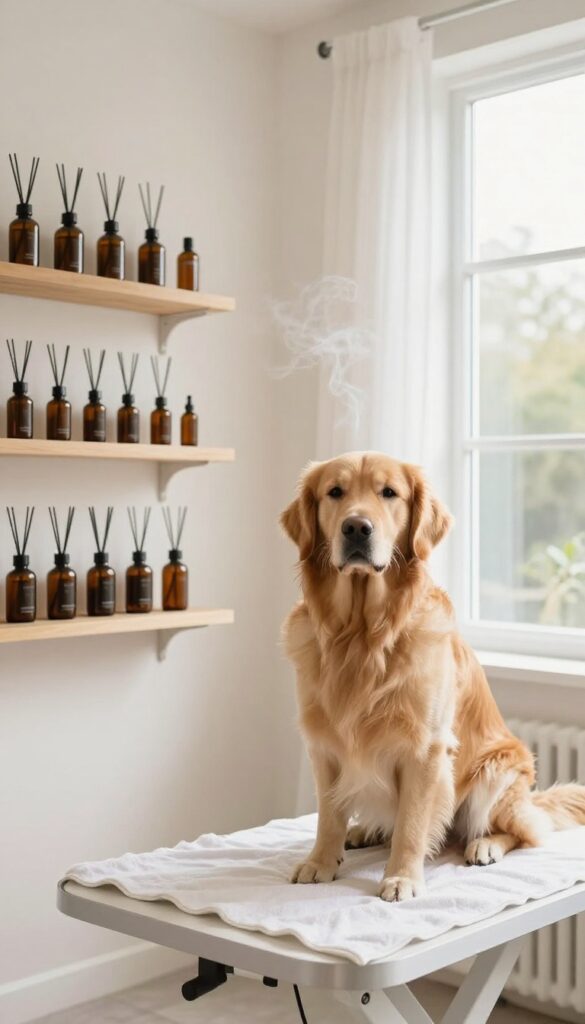A clean, fresh-smelling dog grooming salon with a dog on a table and an essential oil diffuser in natural light.