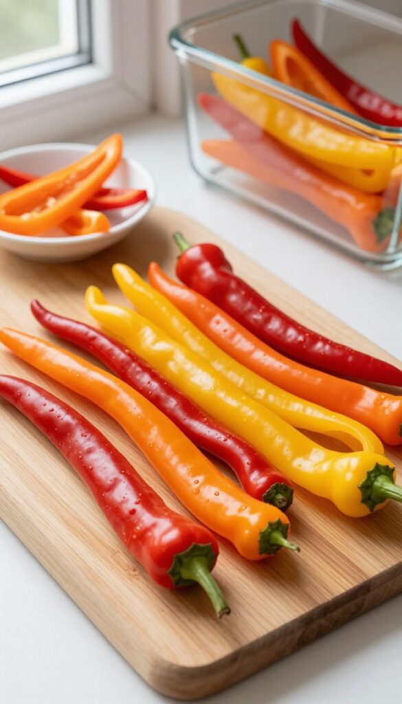 Colorful bell pepper strips on a cutting board with a glass storage container in the background.