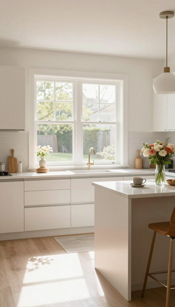 Bright kitchen with morning sunlight, tidy countertops, and a glimpse of a made bed through the doorway.