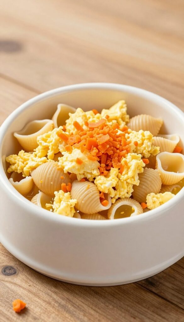 Homemade dog meal of pasta, scrambled egg, and grated carrot in a bowl on a wooden table.