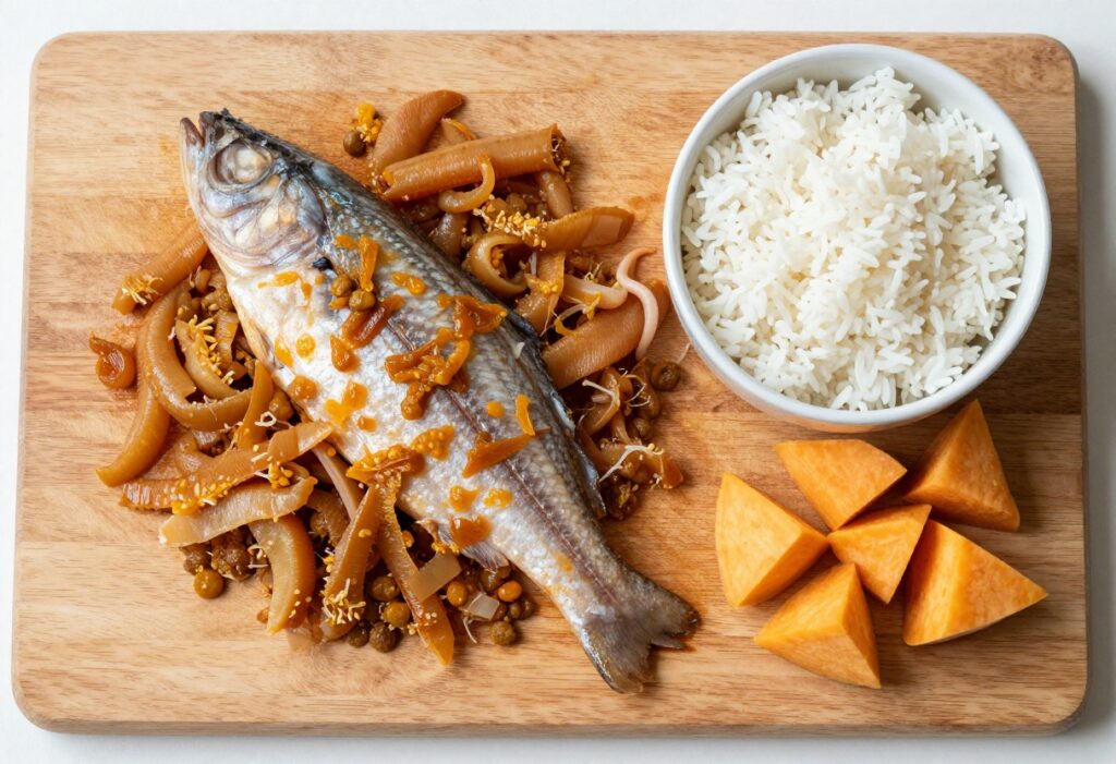 Homemade haddock dog food ingredients on a wooden board, including cooked haddock flakes, rice, and sweet potato cubes.