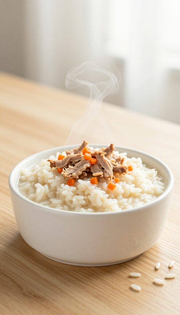 Warm pork and rice congee in a dog bowl, topped with shredded pork and carrot, steam rising, natural light, photorealistic pet food photography.