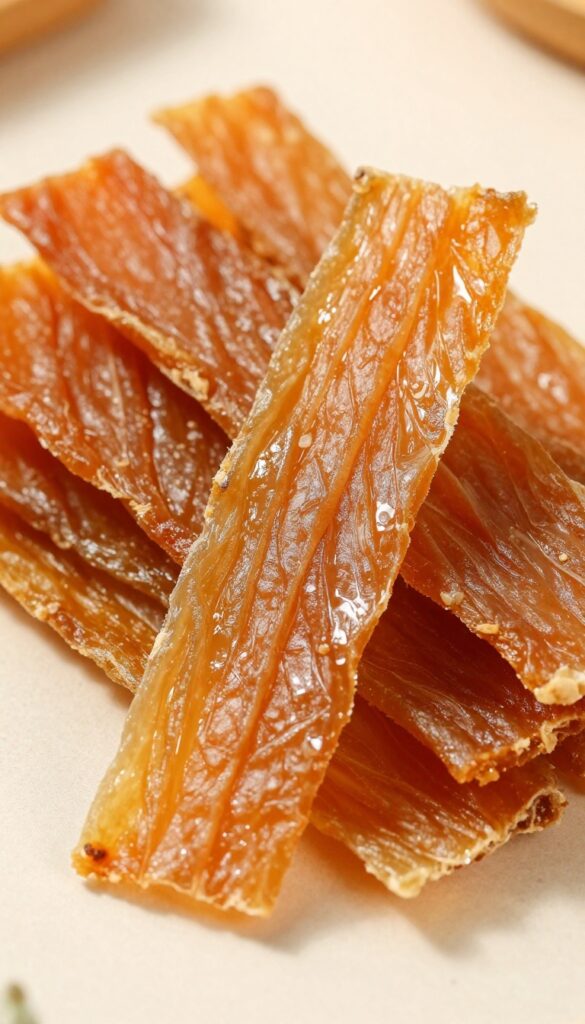 Homemade dehydrated trout jerky strips for dogs, arranged on a dehydrator tray, showcasing the chewy texture and pure fish protein.