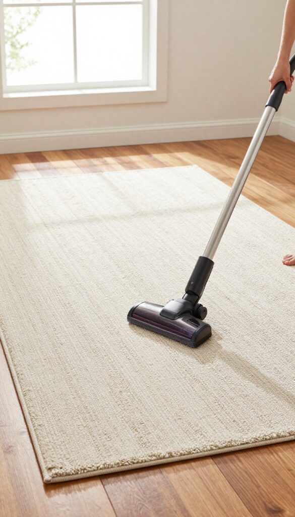 Person vacuuming an area rug with a brush attachment in a bright living room