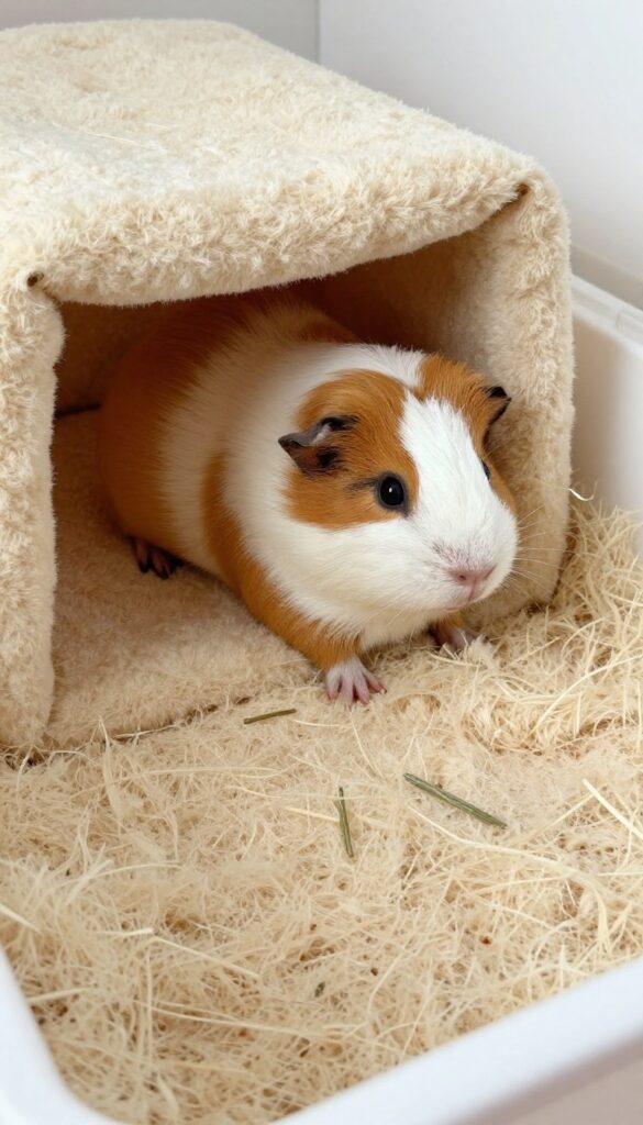 Guinea pig cage with absorbent paper bedding and fleece liner