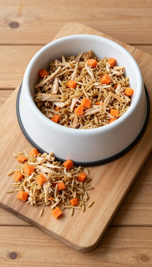 Homemade dog meal prep: shredded chicken, brown rice, and steamed carrots in a bowl and on a wooden board.