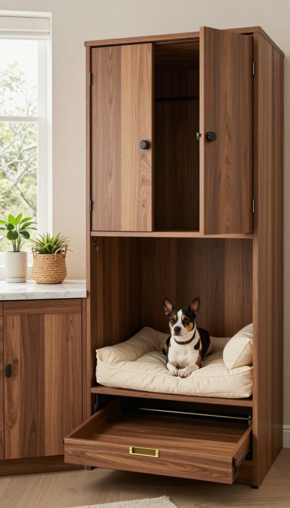 Custom built-in dog crate cabinet in a bright mudroom with walnut wood, marble counter, plush bed, and natural light.