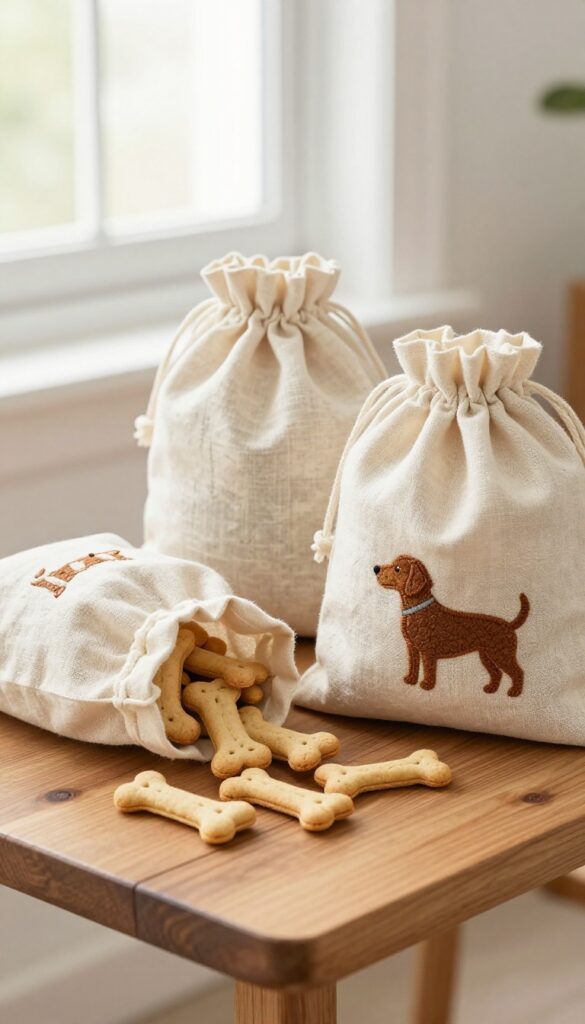 Linen drawstring bags filled with dog treats on a wooden table