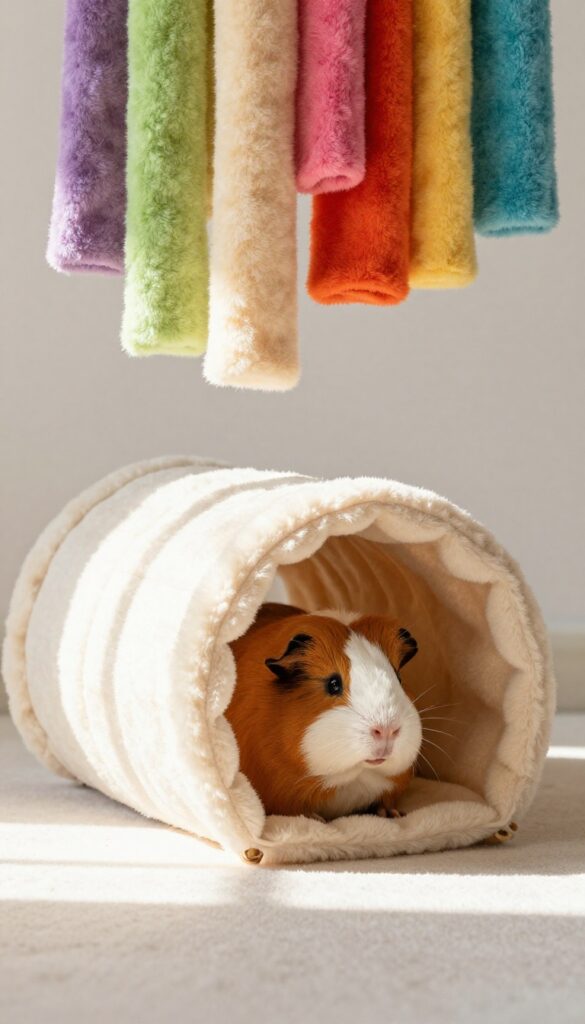 Guinea pig cage with fleece forest and tunnels for safe indoor playtime