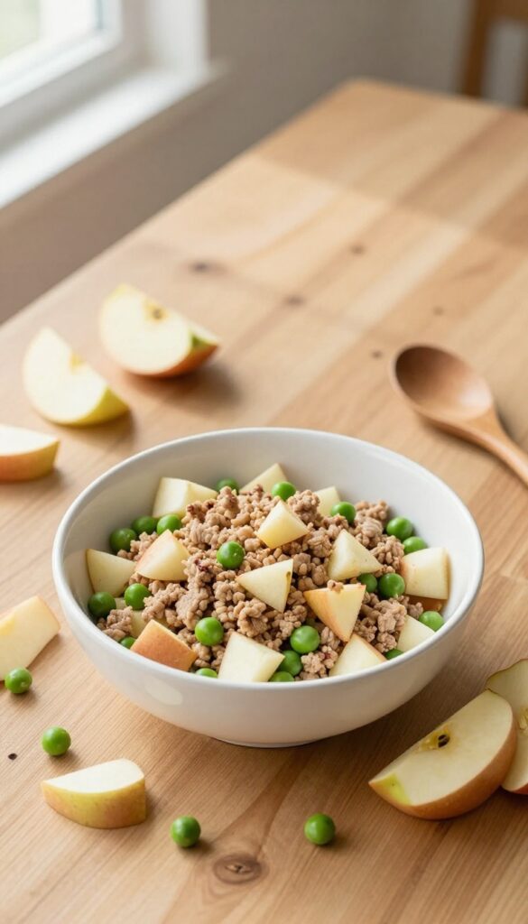 Homemade dog food in a bowl with ground pork, diced apples, and peas on a wooden table.