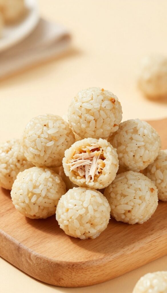 Homemade soft chicken and rice treat balls for dogs, arranged on a wooden board with natural lighting.