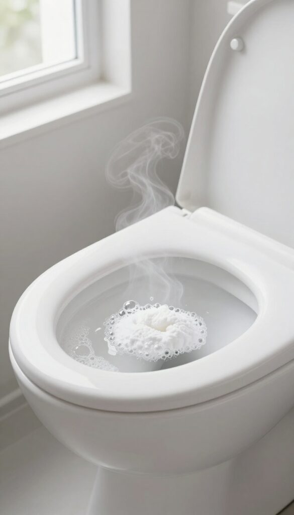 Vinegar and baking soda fizzing in a toilet bowl for a deep clean, with natural light and a clean bathroom background.