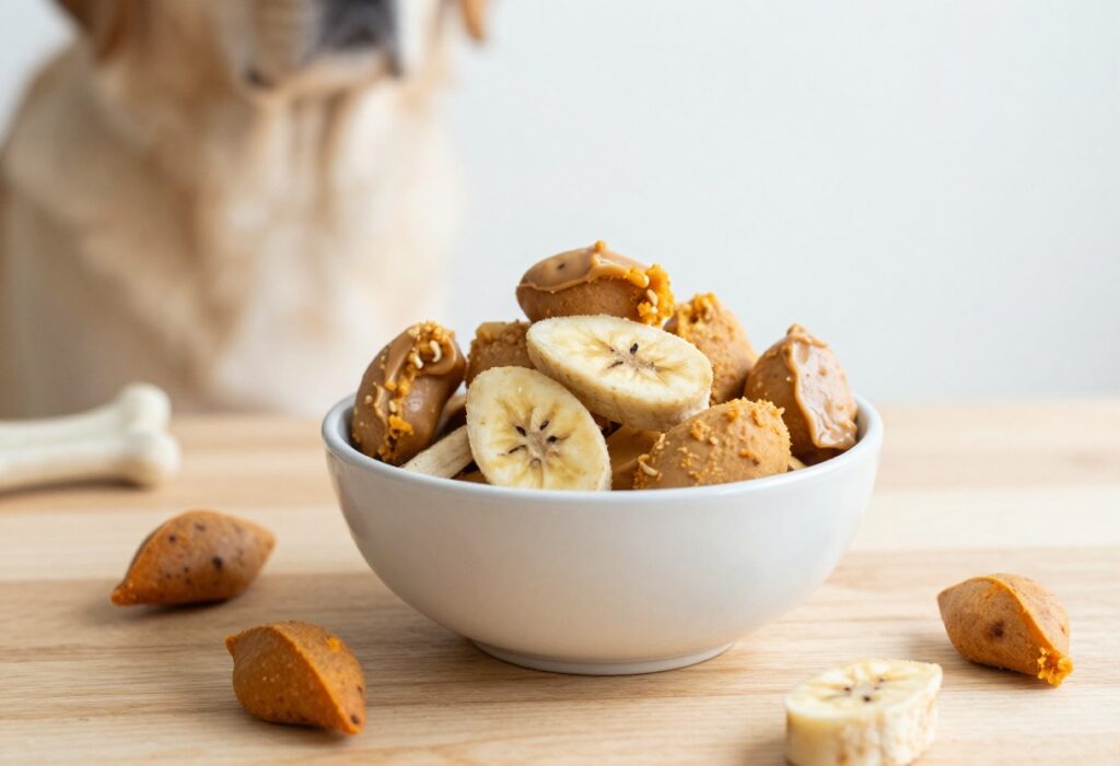 Homemade dog treats in a bowl: peanut butter banana bites, pumpkin cookies, and sweet potato poppers on a wooden table.