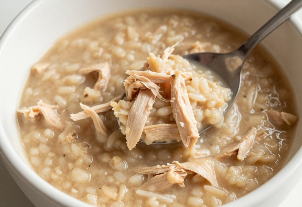 Homemade soft dog food in a bowl with chicken and rice, perfect for dogs with missing teeth.