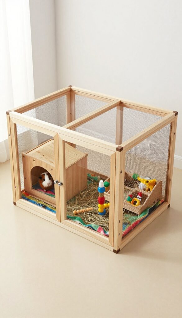 DIY wooden guinea pig enclosure with linoleum flooring, fleece bedding, hideout, hay rack, and toys in bright natural light.