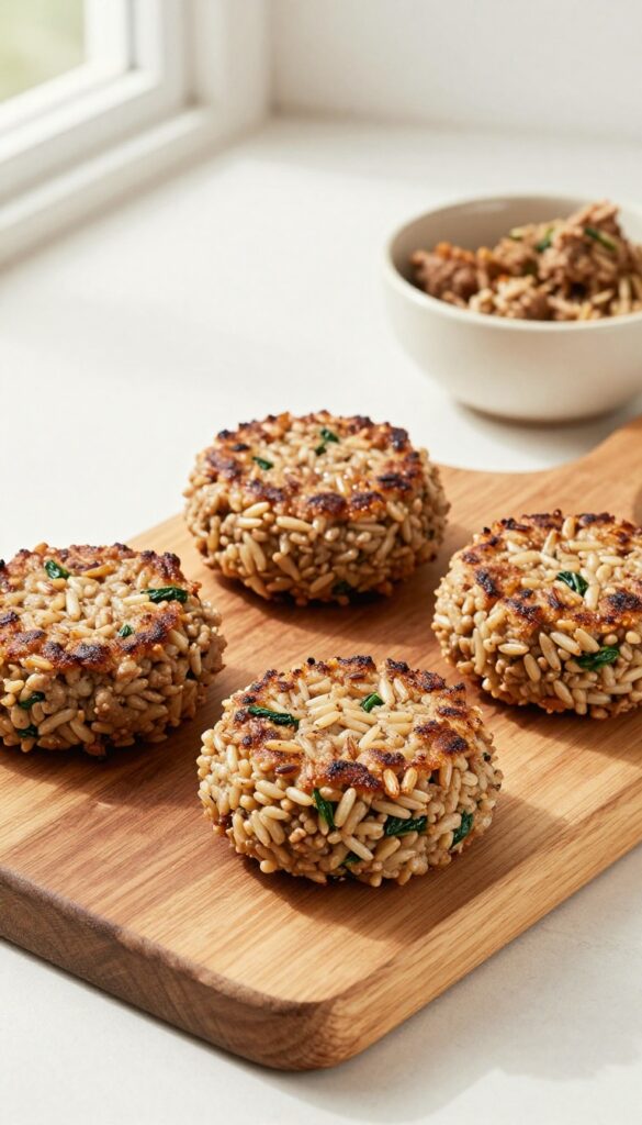 Homemade lamb and brown rice dog burger patties on a wooden board, cooked golden brown with visible rice and spinach, natural lighting, pet food blog style.