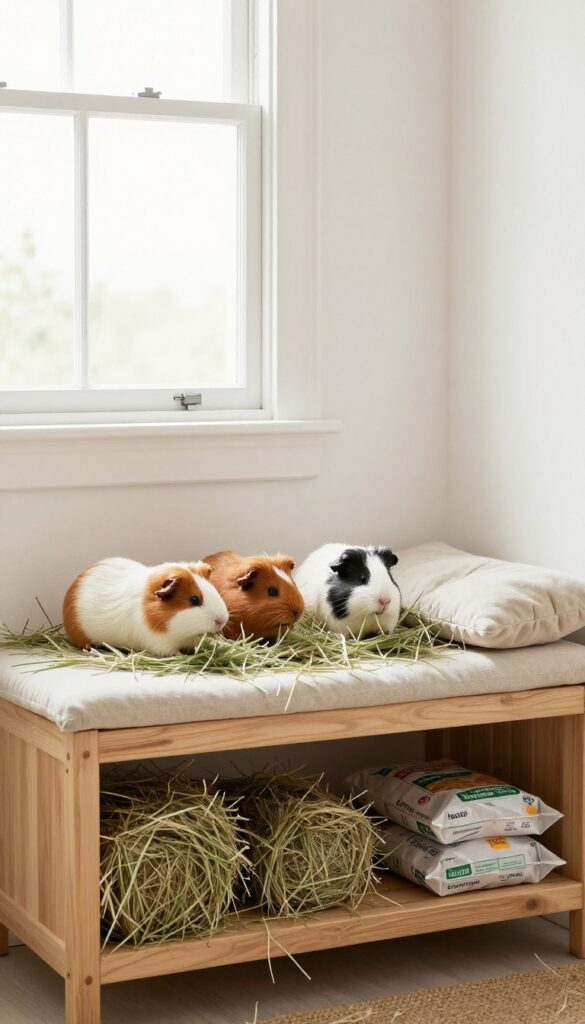 Under-window hay rack and storage bench with guinea pigs eating hay