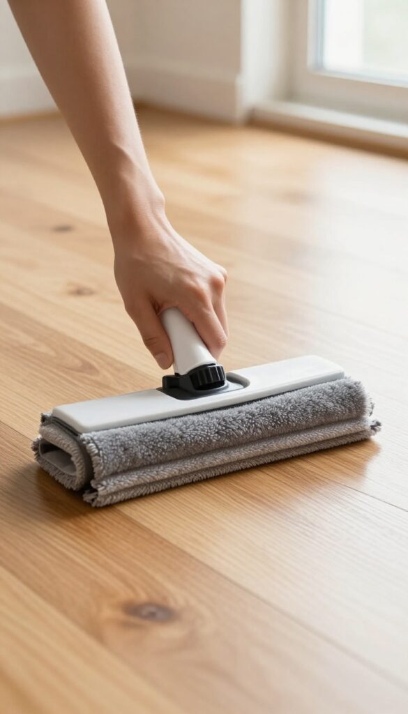Person mopping a hardwood floor with a vinegar and water solution using a spray mop.