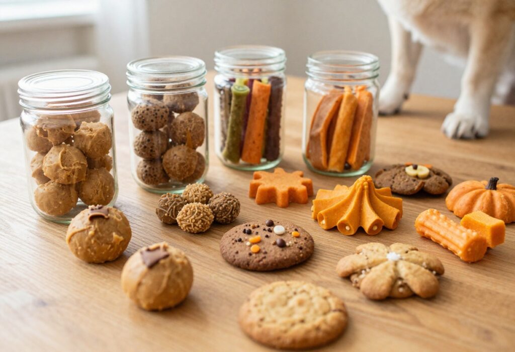 A glass jar filled with various homemade dog treats like peanut butter balls, sweet potato chews, and pumpkin cookies on a wooden table.
