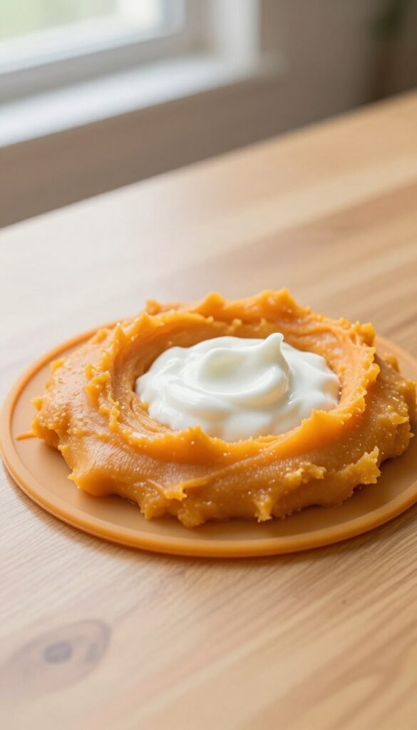 Homemade sweet potato and yogurt smooth paste spread on a lick mat for dogs, a lickable dog treat recipe.