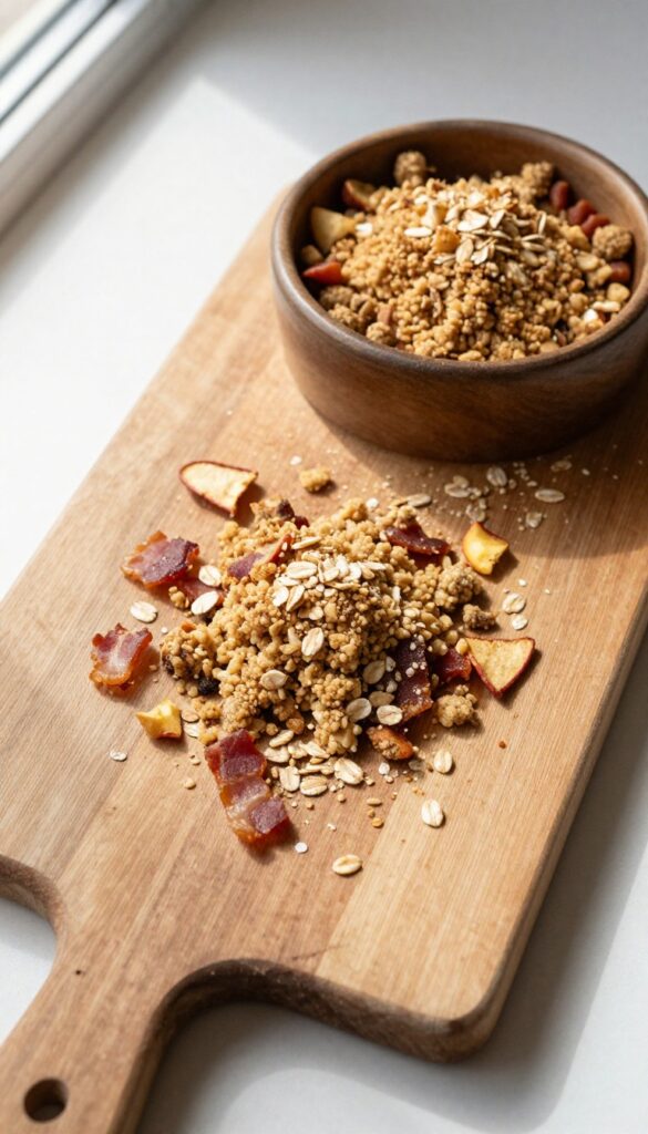 Homemade bacon and apple dog food topper crumble sprinkled on kibble in a dog bowl, with extra crumble ingredients on a cutting board.