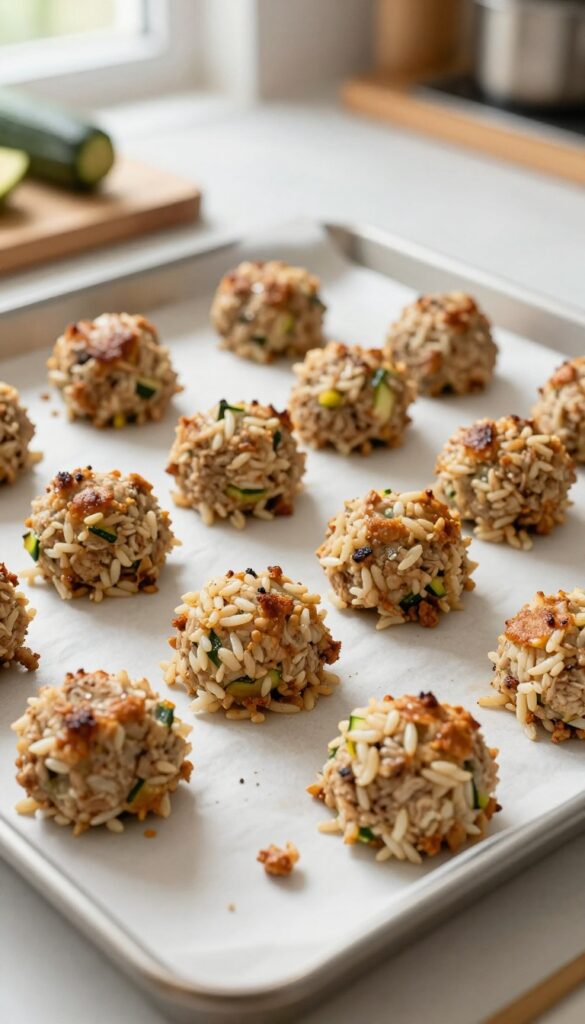Baked turkey zucchini and rice meatballs for dogs on a parchment-lined baking sheet, golden brown and evenly spaced, with natural light and a clean kitchen background.