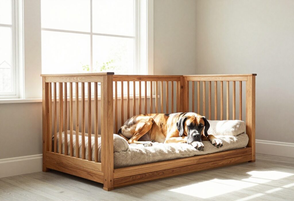 Extra large wooden dog crate with a Great Dane resting inside in a bright living room