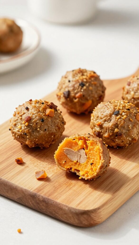Homemade turkey and sweet potato dog food topper meatballs on a wooden board, perfect for topping kibble or as a dog treat.